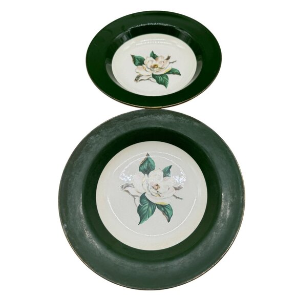 Vintage Walker China Green & White Floral Rimmed Soup Bowls 8" Diameter Set Of 2 - Picture 1 of 14